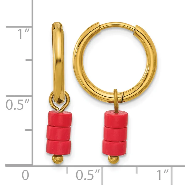 Gold-toned hoop earrings with red cylindrical bead charms, displayed next to a ruler showing approximately one inch in length.