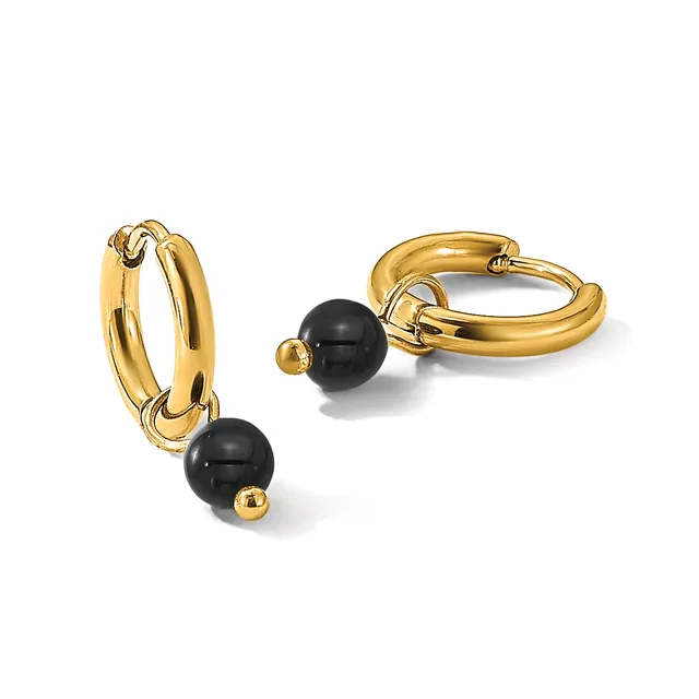 A pair of gold hoop earrings with black onyx sphere charms attached, shown from front and side angles.