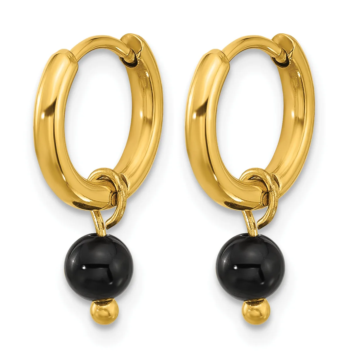 A pair of gold-toned hoop earrings with black onyx spheres and small gold beads hanging from the bottom.
