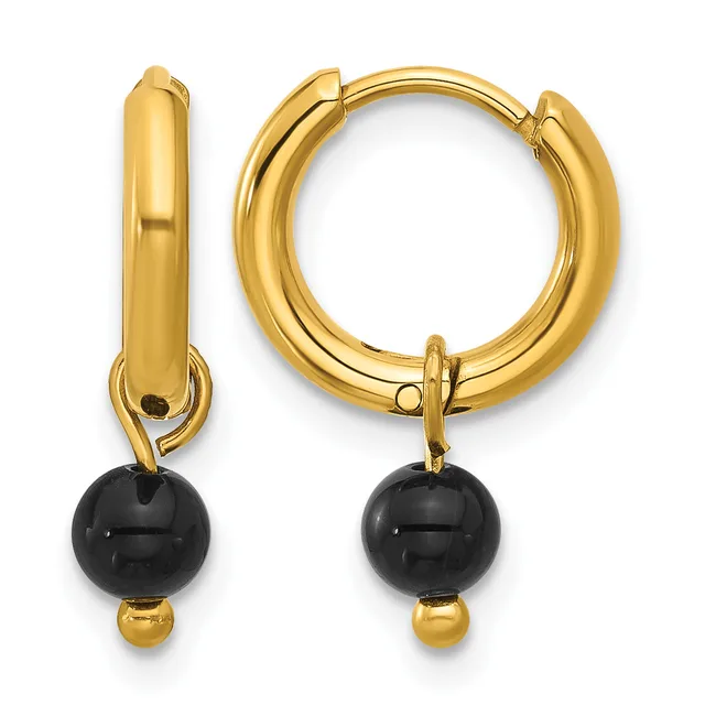 Pair of gold-toned hoop earrings with black onyx sphere drops and small gold bead accents, shown from front and side views.