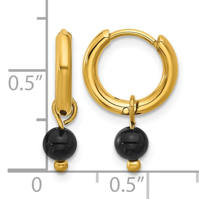 Gold-toned hoop earrings with black onyx ball charms, shown from front and side views with a measurement scale indicating approximately 0.5 inches in diameter.