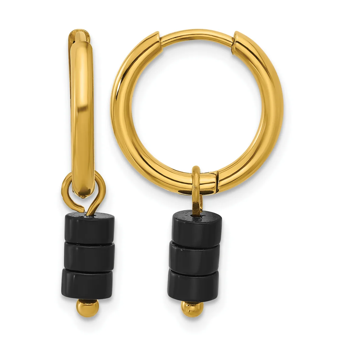 A pair of gold-toned hoop earrings with black cylindrical bead charms hanging from hinged closures, shown from front and side views.