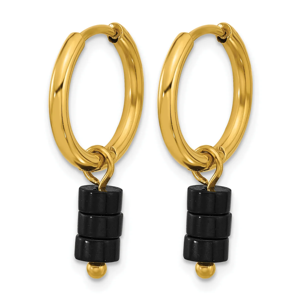 A pair of gold-toned hoop earrings with black cylindrical bead charms hanging from the bottom.