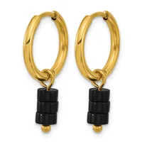 A pair of gold-toned hoop earrings with black cylindrical bead charms hanging from the bottom.