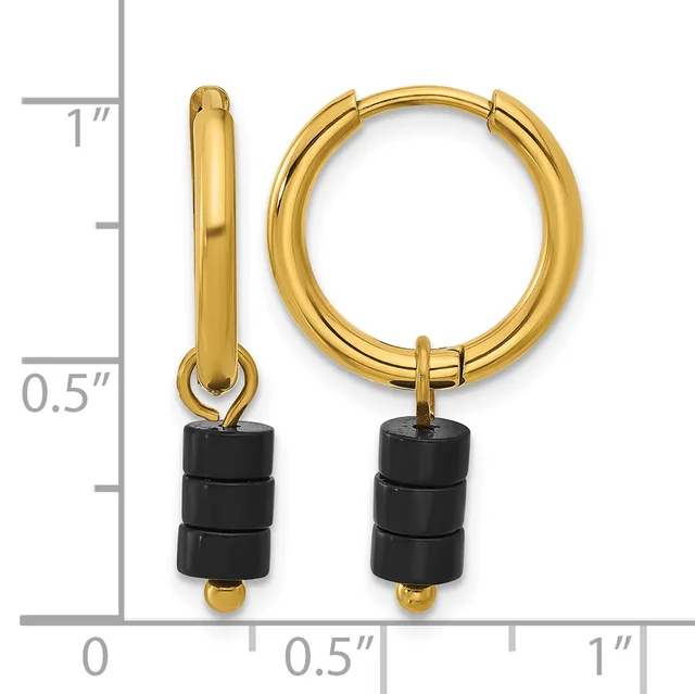 Gold-toned hoop earrings with black cylindrical beads attached, displayed next to a measurement scale showing approximately one inch in length.