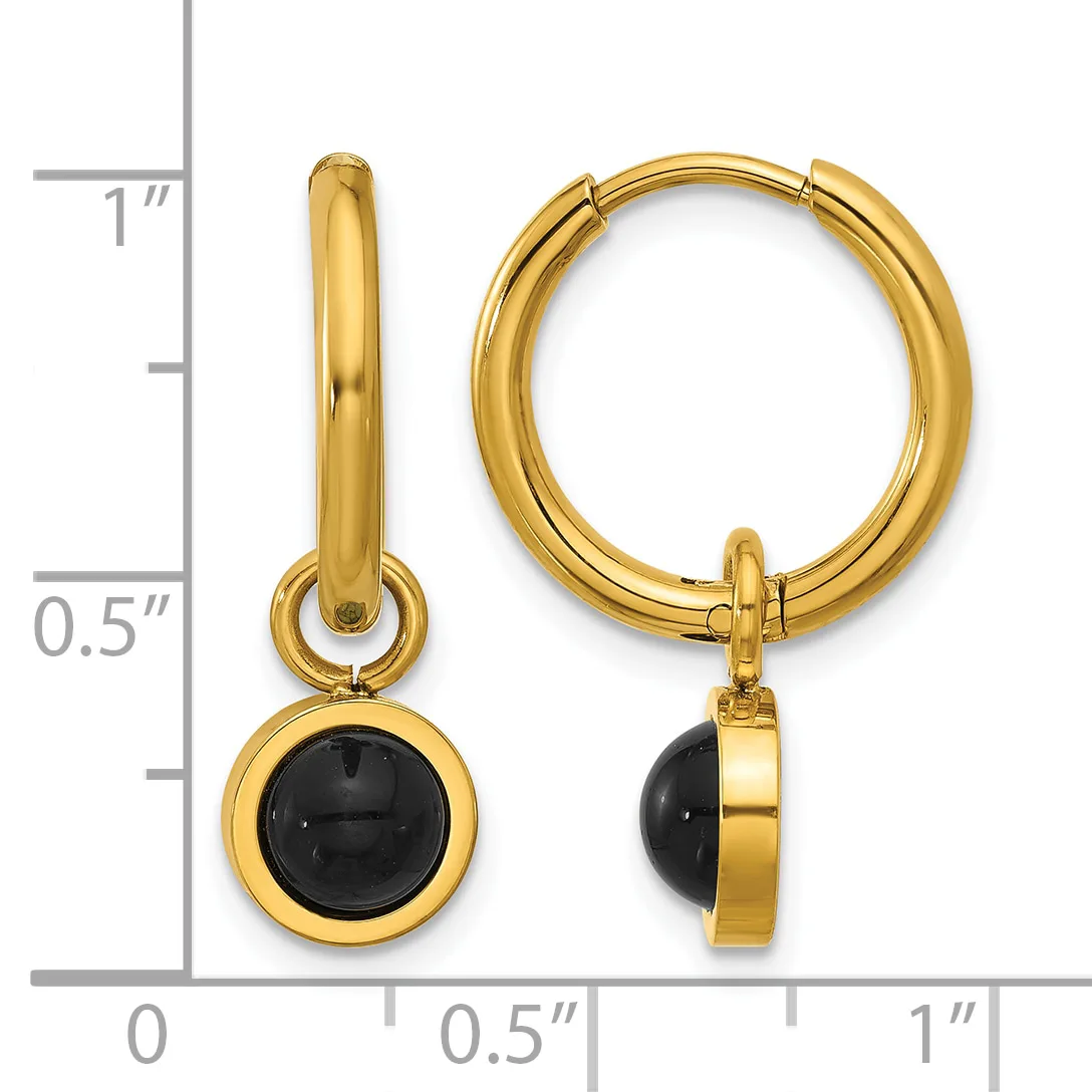 Gold-toned hoop earrings with black onyx stone charms, displayed next to a measurement ruler showing approximately one inch in length.