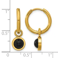 Gold-toned hoop earrings with black onyx stone charms, displayed next to a measurement ruler showing approximately one inch in length.