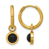 Pair of gold-toned hoop earrings with black onyx cabochon charms, shown from front and side views.