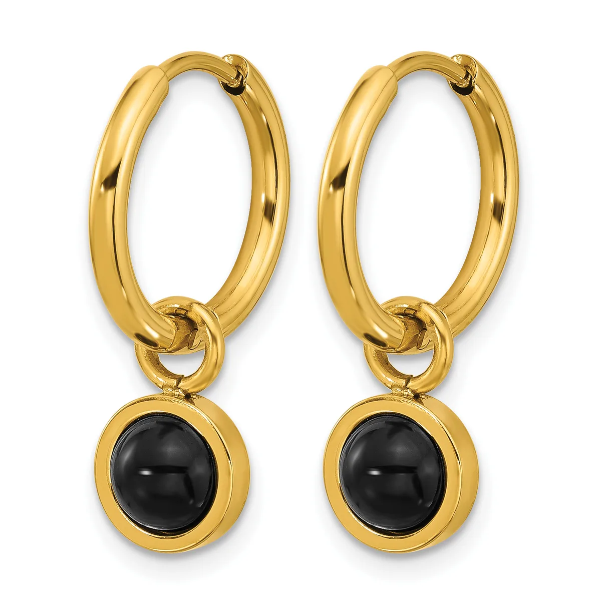 Pair of gold-toned hoop earrings with black onyx gemstone drops attached by small loops.