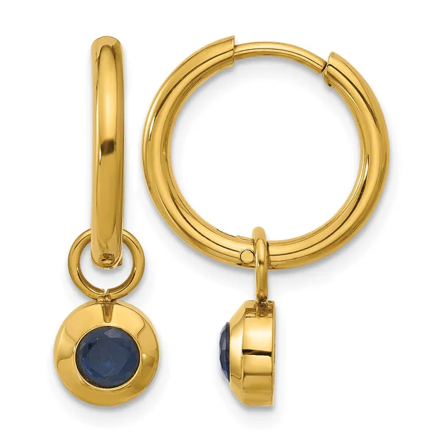 Pair of gold hoop earrings with round blue gemstone charms hanging from hinged closures, shown from front and side views.