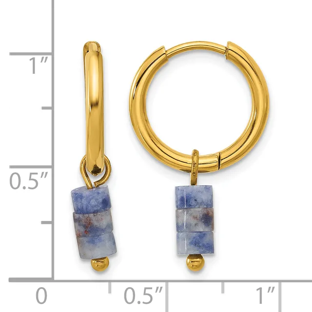 Pair of gold-toned hoop earrings with sodalite stone cubes and small gold bead accents, displayed against a measurement ruler.