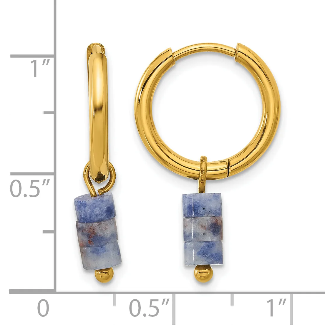 Pair of gold-toned hoop earrings with sodalite stone cubes and small gold bead accents, displayed against a measurement ruler.