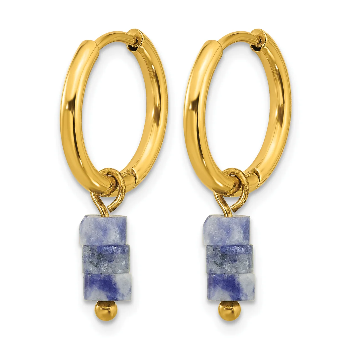 A pair of gold hoop earrings with sodalite stone cubes and small gold beads dangling from hinged closures.
