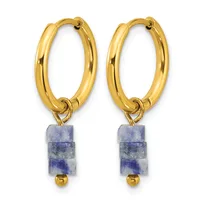 A pair of gold hoop earrings with sodalite stone cubes and small gold beads dangling from hinged closures.