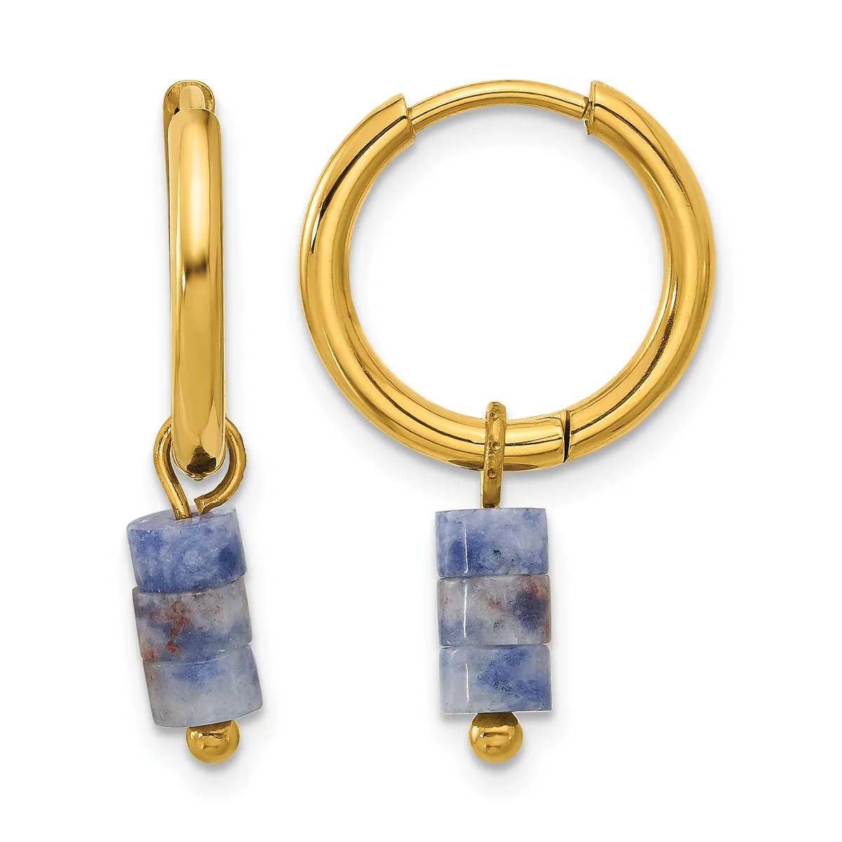 Pair of gold hoop earrings with cylindrical sodalite stone pendants and small gold beads, shown from front and side views.