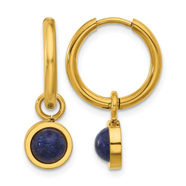 A pair of gold hoop earrings with detachable round lapis lazuli stone pendants shown from front and side views.