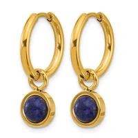 Pair of gold hoop earrings with lapis lazuli stone charms hanging from the bottom.