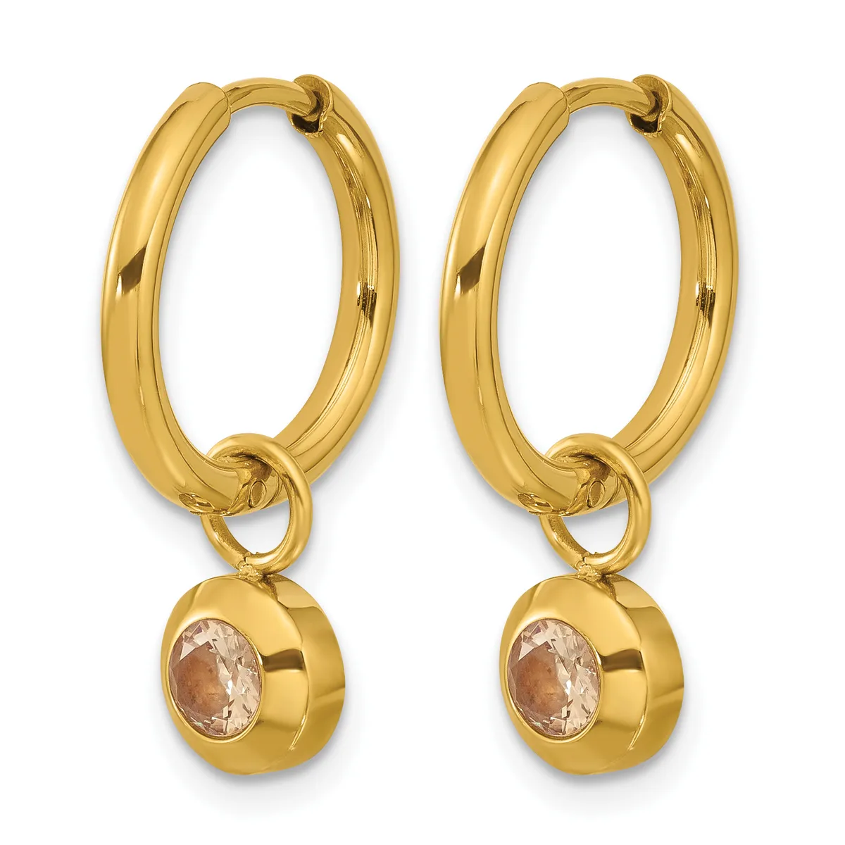 Pair of gold hoop earrings with hinged closures and dangling spherical charms set with peach-colored stones.