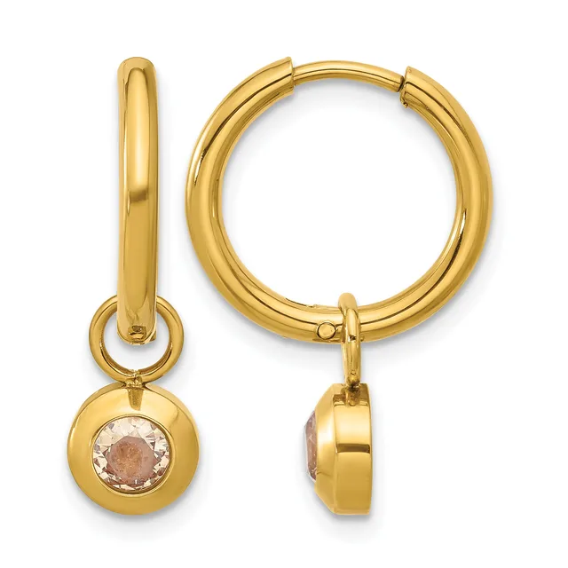 Pair of gold-tone hoop earrings with small round gemstone charms hanging from the hinged closures.