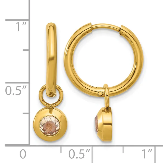 Gold-tone hoop earrings with dangling round charms set with morganite stones, displayed next to a measurement ruler.