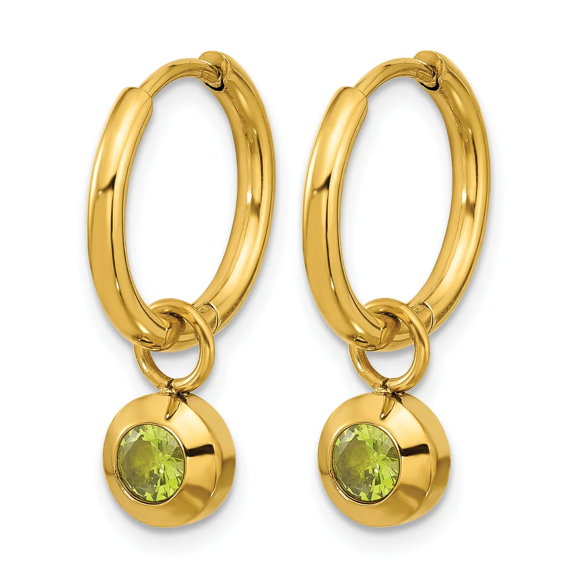 Pair of gold hoop earrings with small spherical charms featuring round green gemstones suspended from the bottom.