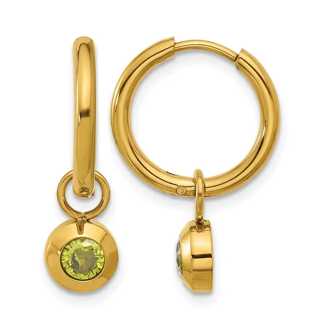 Gold hoop earrings with peridot gemstone charms, shown front and side view.