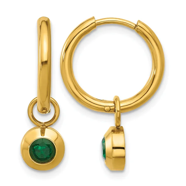 Pair of gold hoop earrings with small round emerald gemstone charms hanging from the hinged closures.