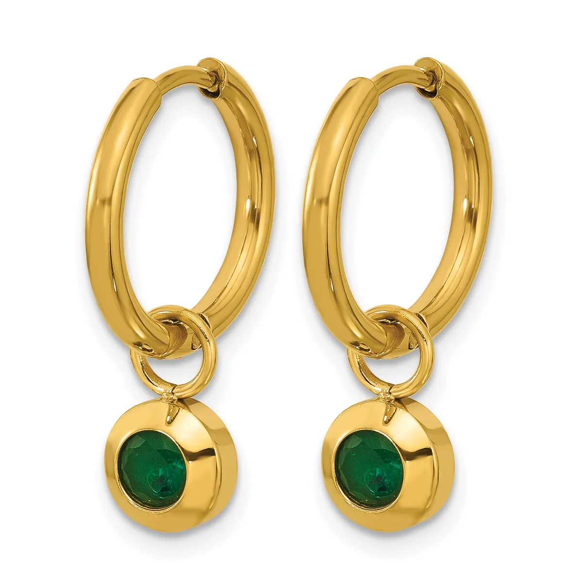 A pair of gold hoop earrings with small spherical pendants featuring green gemstones set in gold bezels.