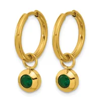 A pair of gold hoop earrings with small spherical pendants featuring green gemstones set in gold bezels.