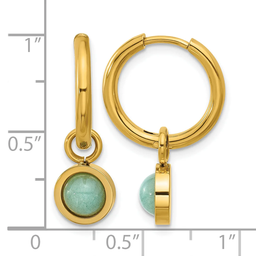 Gold-plated hoop earrings with detachable round green stone pendants, shown front and side view with a measurement scale.