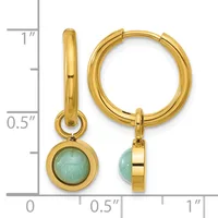 Gold-plated hoop earrings with detachable round green stone pendants, shown front and side view with a measurement scale.
