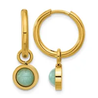 Pair of gold hoop earrings with round jade or green stone charms hanging from the hoops, shown from front and side views.