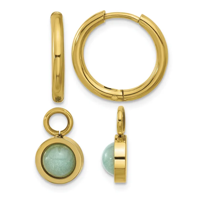 Four gold jewelry pieces displayed: a polished gold huggie hoop earring shown from the side, a larger matching hoop earring, and a detachable pendant charm with a round pale green stone in a gold bezel, shown from front and side views.