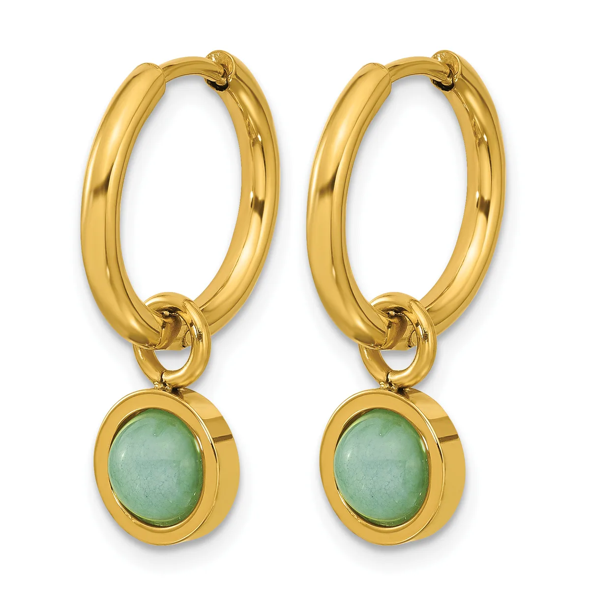 A pair of gold hoop earrings with oval green jade stone pendants hanging from the bottom.