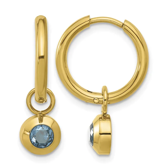 Pair of gold hoop earrings with small dangling spheres set with blue gemstones, shown from front and side views.