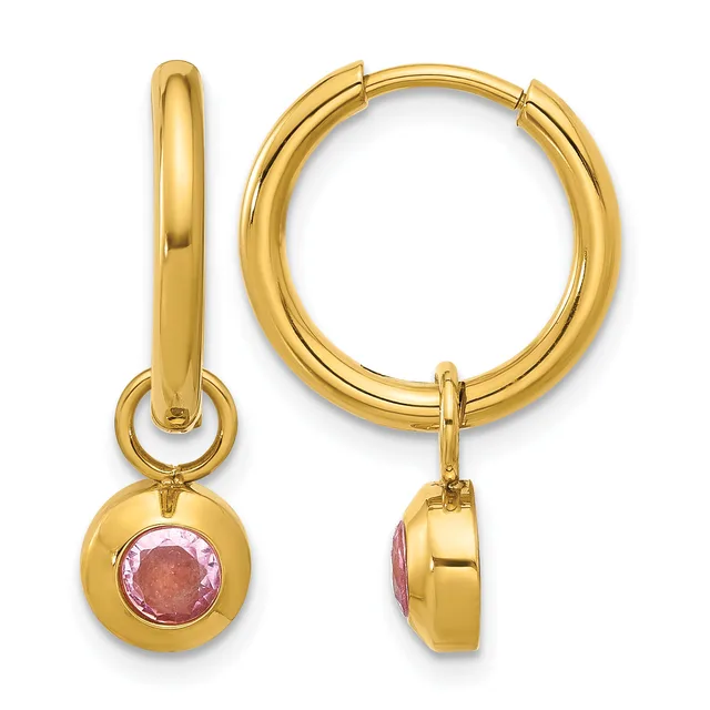 Pair of gold hoop earrings with detachable pink gemstone charms, shown from front and side views.