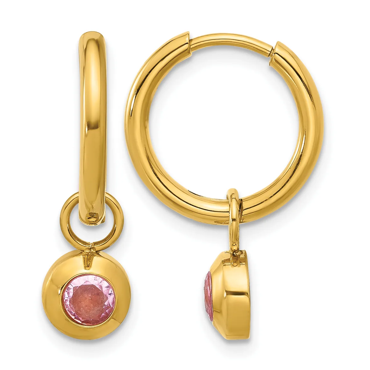 Pair of gold hoop earrings with detachable pink gemstone charms, shown from front and side views.
