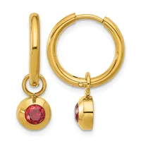 Pair of gold hoop earrings with round red gemstone charms, shown from front and side views.