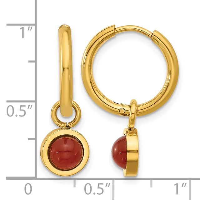 Gold-colored hoop earrings with dangling round red stone charms, shown next to a measurement scale indicating approximately one inch in length.