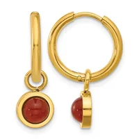 Gold hoop earrings with round red gemstone charms hanging from the hinged clasps.