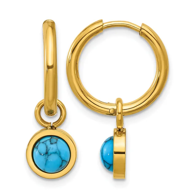 Pair of gold hoop earrings with turquoise stone charms hanging from the hoops, shown from front and side views.