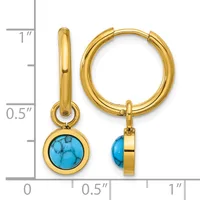 Gold-toned hoop earrings with turquoise stone pendants, shown front and side views next to a measurement scale.