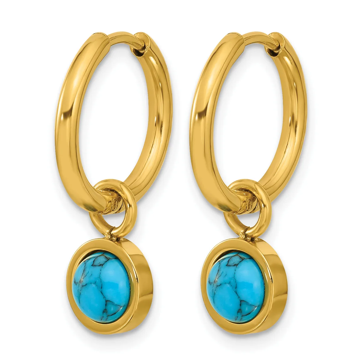 A pair of gold hoop earrings with turquoise stone pendants hanging from the bottom.