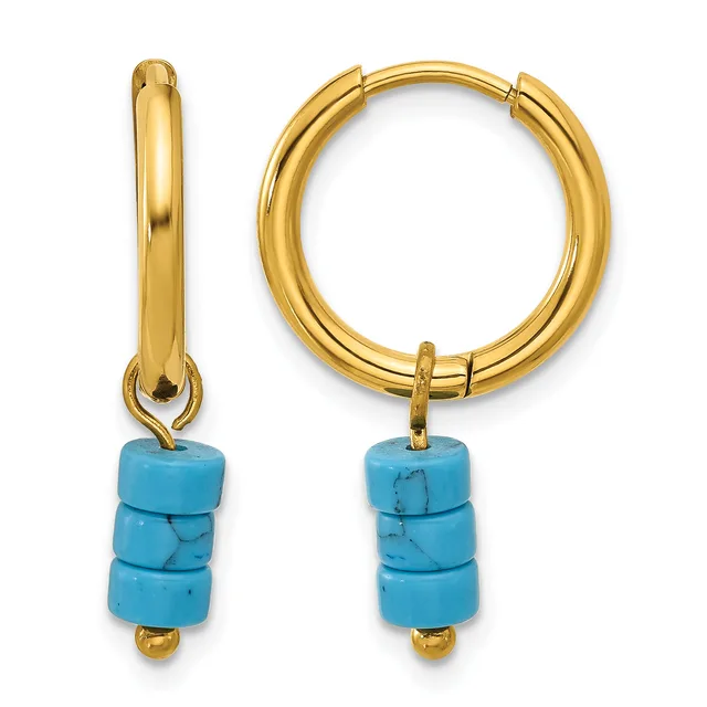Pair of gold-toned hoop earrings with turquoise cylindrical bead charms, shown from front and side views.