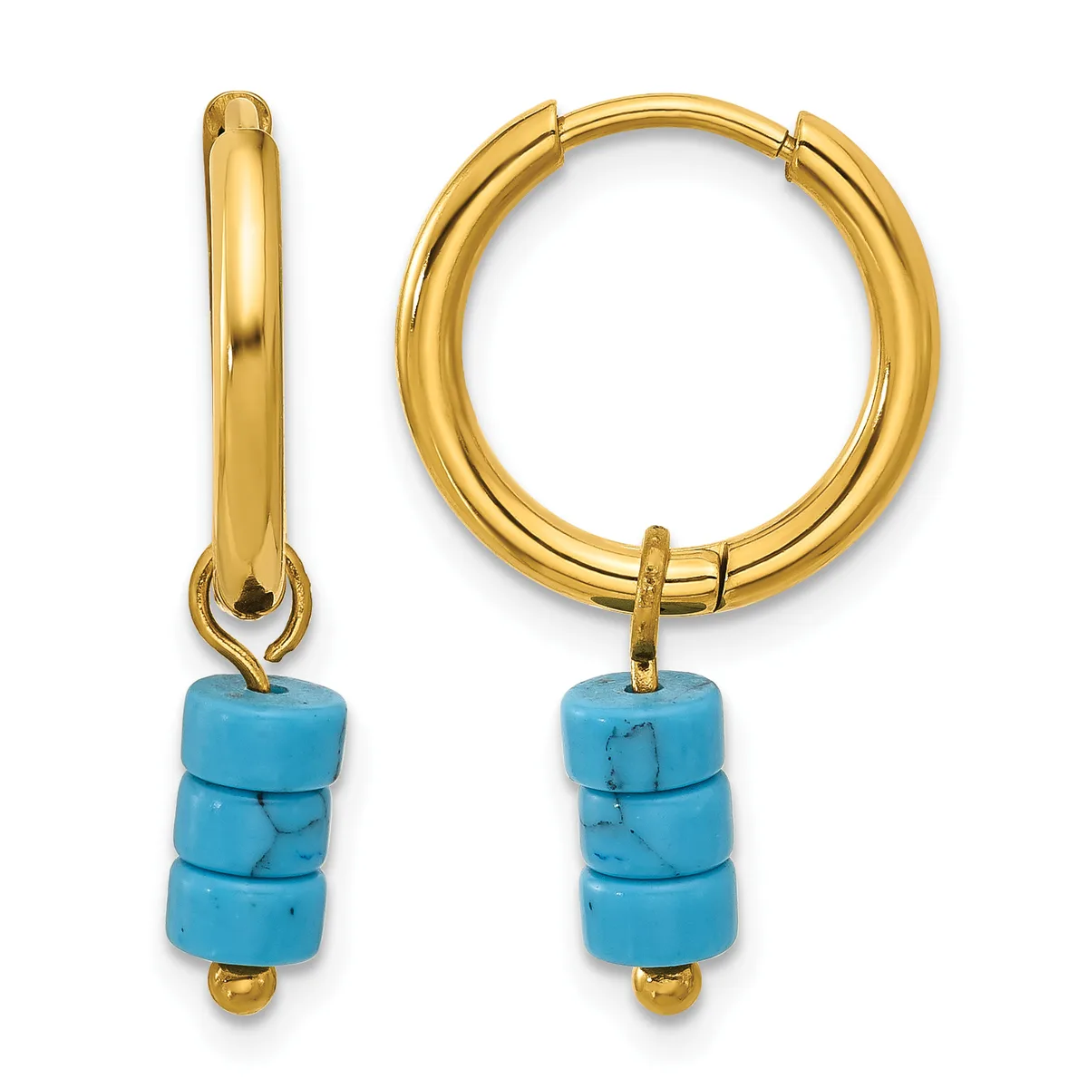Pair of gold-toned hoop earrings with turquoise cylindrical bead charms, shown from front and side views.