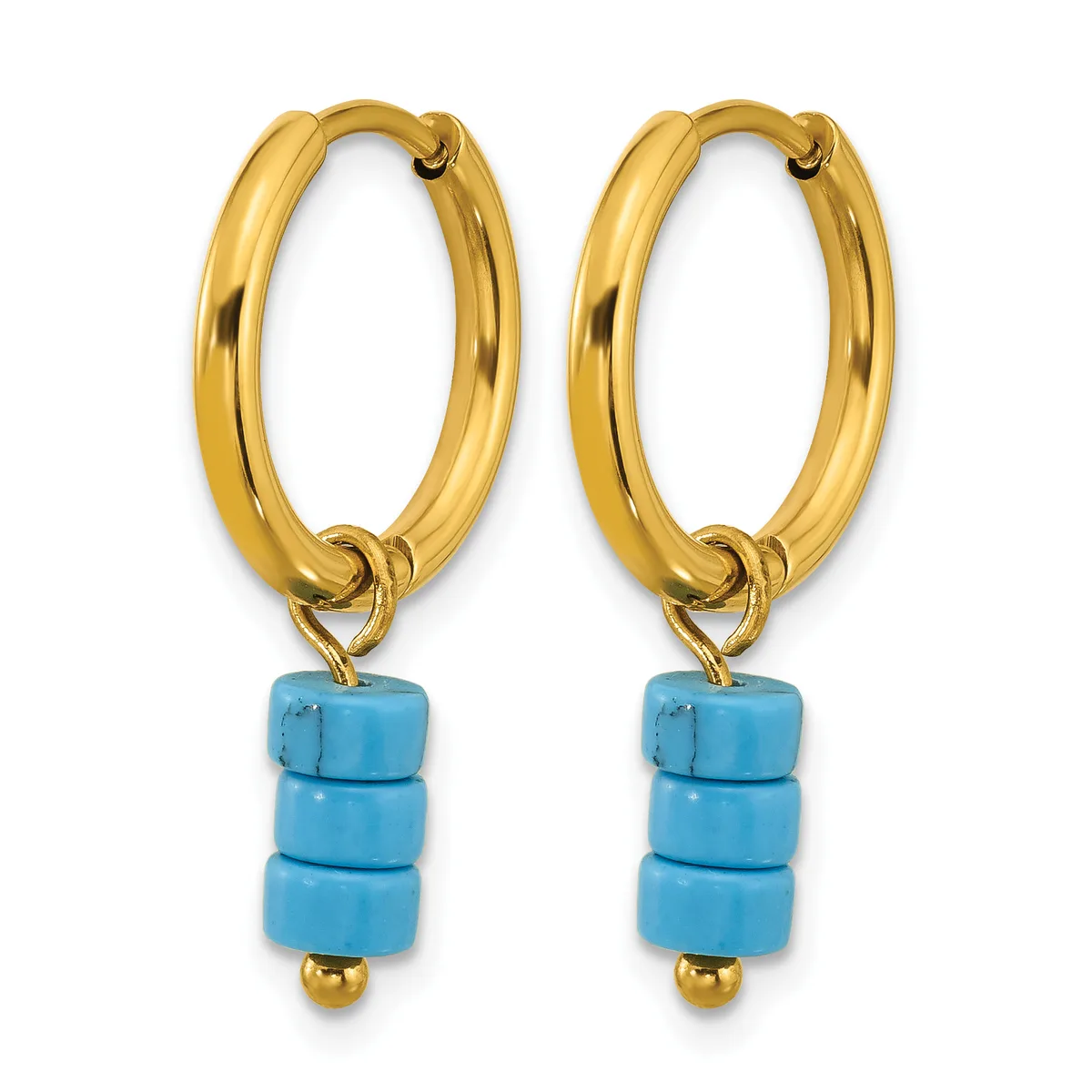 A pair of gold-toned hoop earrings with turquoise cylindrical beads and small gold spheres hanging from the bottom.