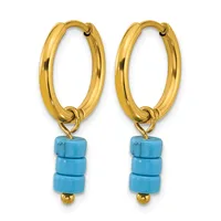 A pair of gold-toned hoop earrings with turquoise cylindrical beads and small gold spheres hanging from the bottom.