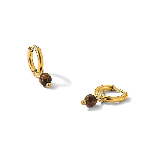 A pair of gold hoop earrings, each with a small brown stone bead attached, shown from two angles against a white background.