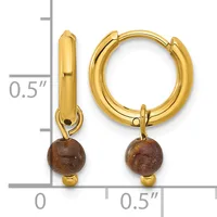 A pair of gold-toned hoop earrings with brown gemstone beads dangling from the bottom, displayed against a measurement scale showing approximately 0.5 inches in height.