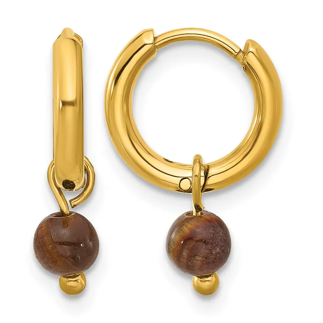 A pair of polished gold hoop earrings with brown stone bead charms hanging from small gold connectors.